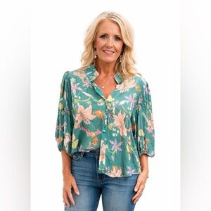 Fate Teal Floral Button Up Blouse Size Small NWT